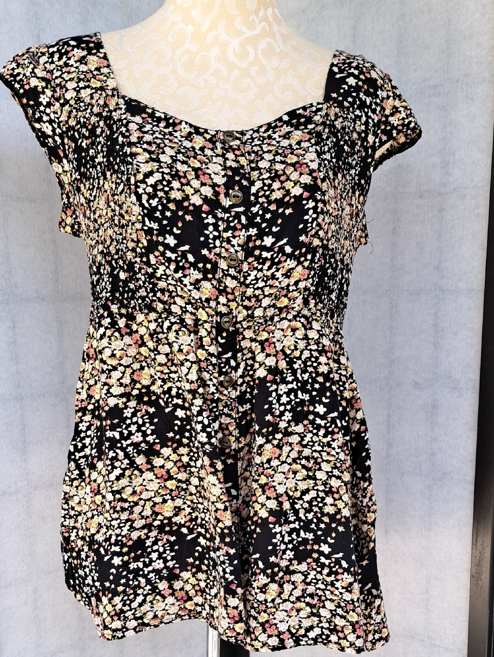 Connection 18 Black Top with Pink and Cream Floral Print